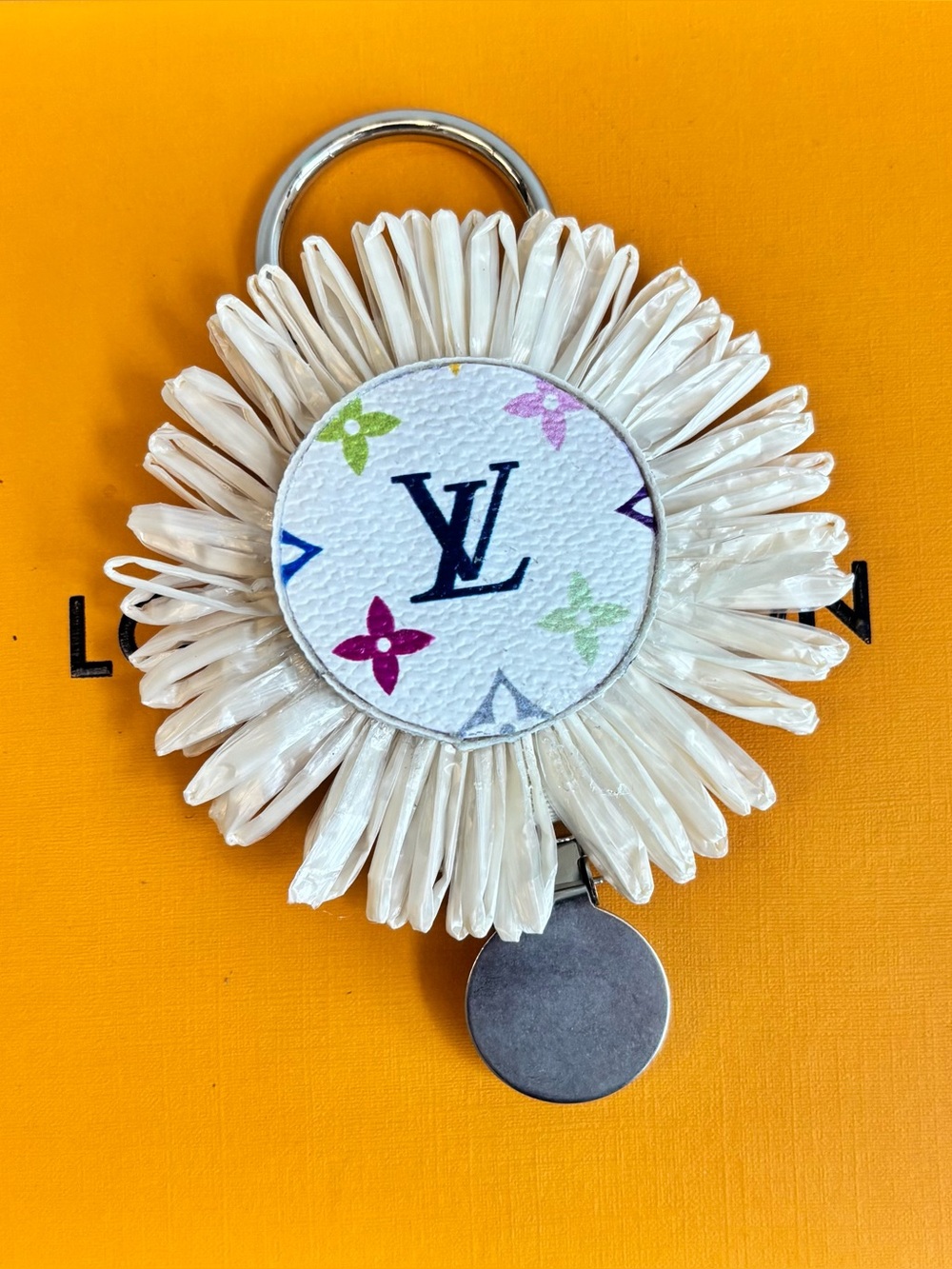 LV monogram Upcycled, Sunflower Hat Clip, LV monogram material, 3 inches wide